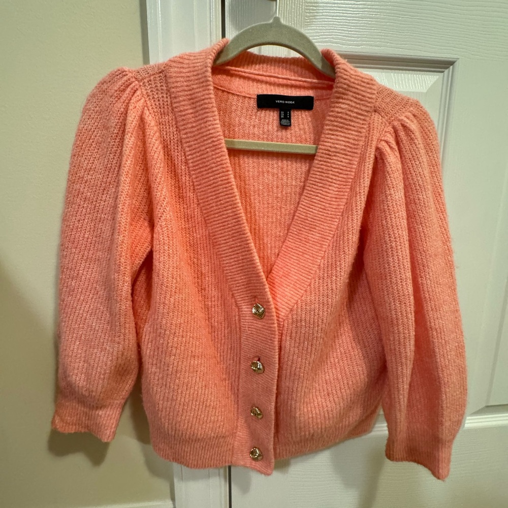 Vero Moda Peach Coral Knit Cardigan Puff Sleeve  Gold Button Sweater Small